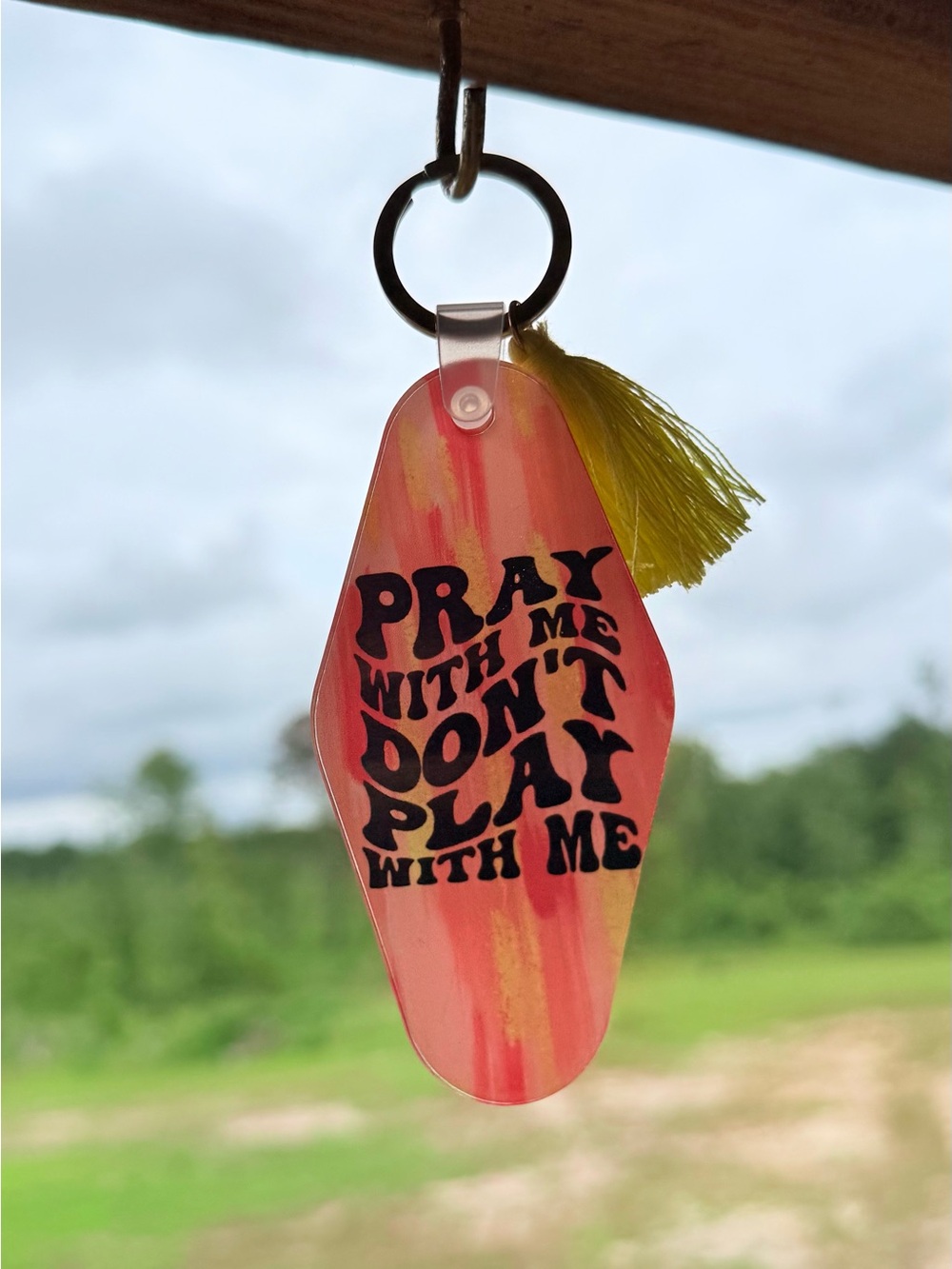 Pray With Me Don’t Play With Me Retro Keychain - Coral & Yellow